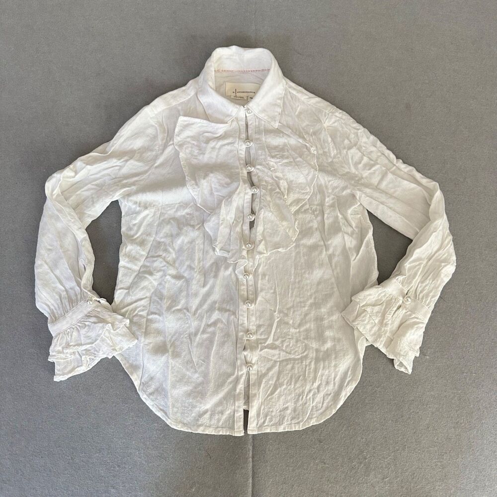 Anthropologie White Ruffle Front Pearl Button Blouse Size XXSP Petit Dobby Mesh